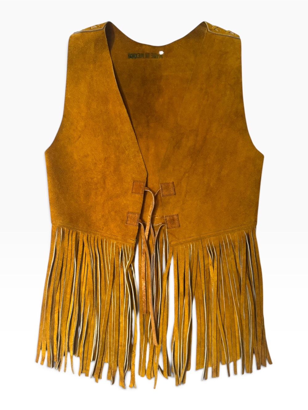 Vintage Genuine Suede Western Fringe Vest Tan Brown Boho Festival Hippie XS/S - Picture 1 of 7